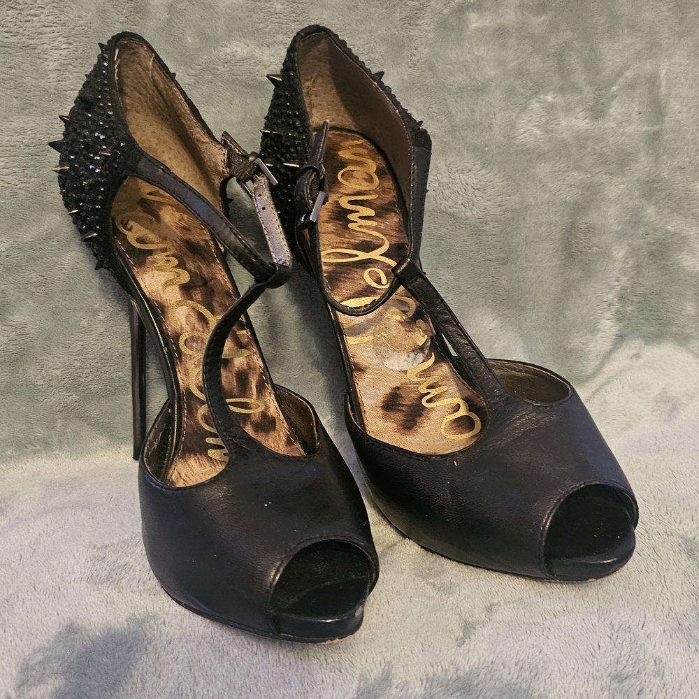 Sam Edelman Black Peep-Toe Heels with Stud Accents